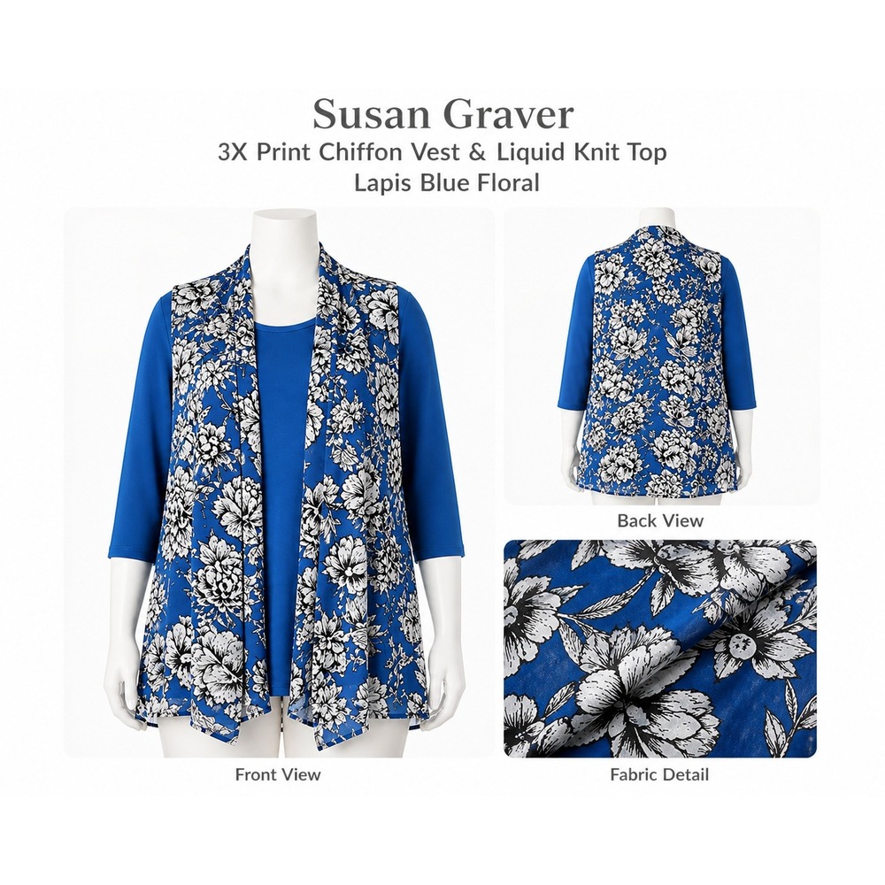 Susan Graver Womens 3X Blue Floral Chiffon Vest Liquid Knit 3/4 Sleeve‎ Top Set